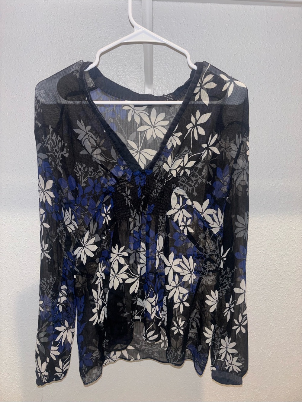 New York & Company Black Sheer Floral V-Neck Blouse with Blue Accents